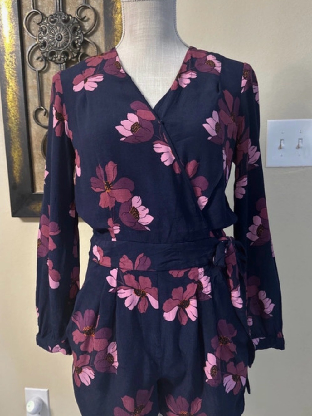 LOFT Petite Navy Long-Sleeve Floral Wrap Dress with Pink Blooms